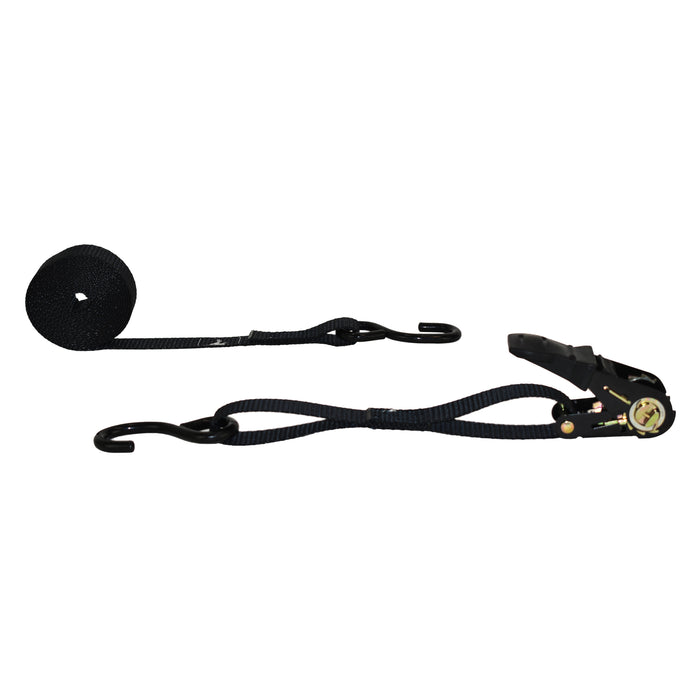 1" Black Rubber Thumb Ratchet Strap w/ Vinyl Coated S-Hooks | 1,500 Lbs. Breaking Strength