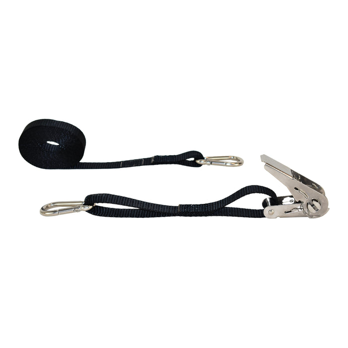 1" X 10' Black Stainless Steel Thumb Ratchet Strap w/ Carabiner Snap Hooks | 765 Lbs. Breaking Strength