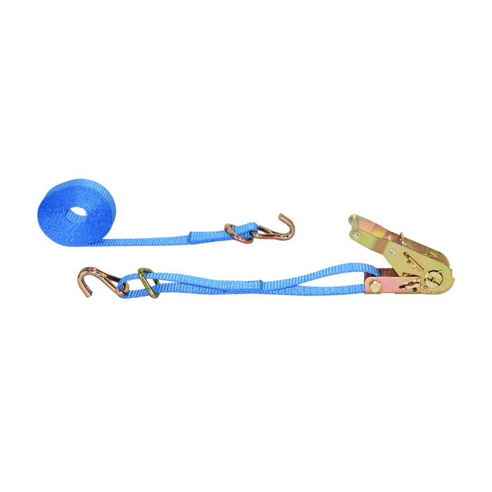 1" Blue Wide Handle Ratchet Strap w/ Heavy Duty Double J Wire Hooks & D-Rings | 1,500 Lbs. Breaking Strength