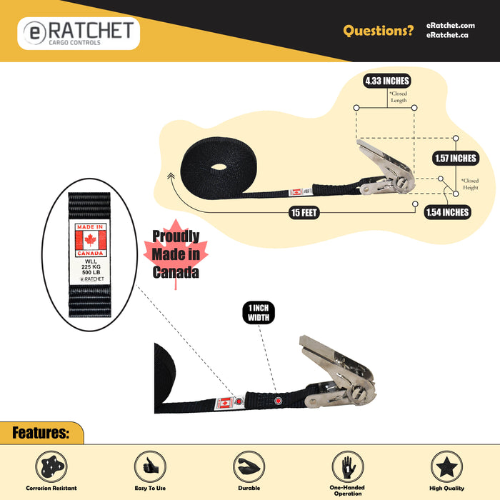 1" X 15' Black Endless Strap w/ Stainless Steel Thumb Ratchet Strap | 1,500 Lbs. Breaking Strength