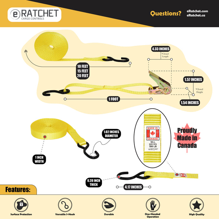 1" Yellow Thumb Ratchet Strap w/ Vinyl Coated S-Hooks | 1,500 Lbs. Breaking Strength
