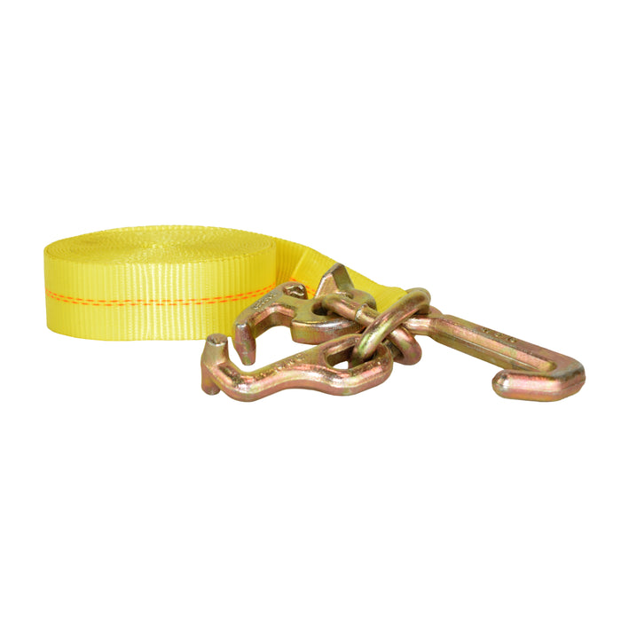 2" Yellow Heavy Duty Long & Wide Handle Ratchet Strap w/ Chain Anchor w/ Clevis Grab Hook & Cluster Hook RTJ | 10,000 Lbs. Breaking Strength