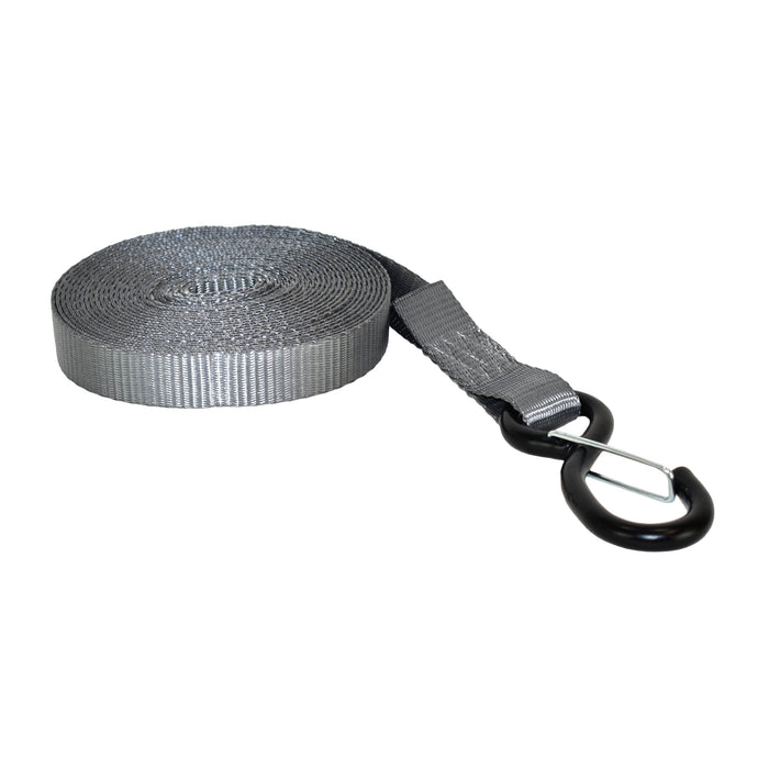 1" Gray Wide Handle Ratchet Strap w/ Heavy Duty Black Vinyl Coated S-Hook w/Keepers | 2,000 Lbs. Breaking Strength