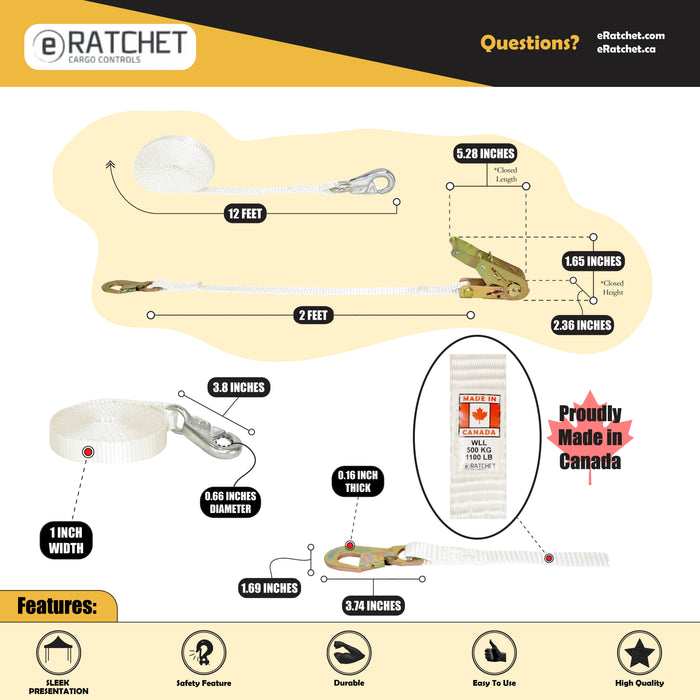 1" X 12' White Tent Wide Handle Ratchet Strap Strap w/ Forged Bull Nose Snap Hook & Flat Snap Hook | 3,300 Lbs. Breaking Strength