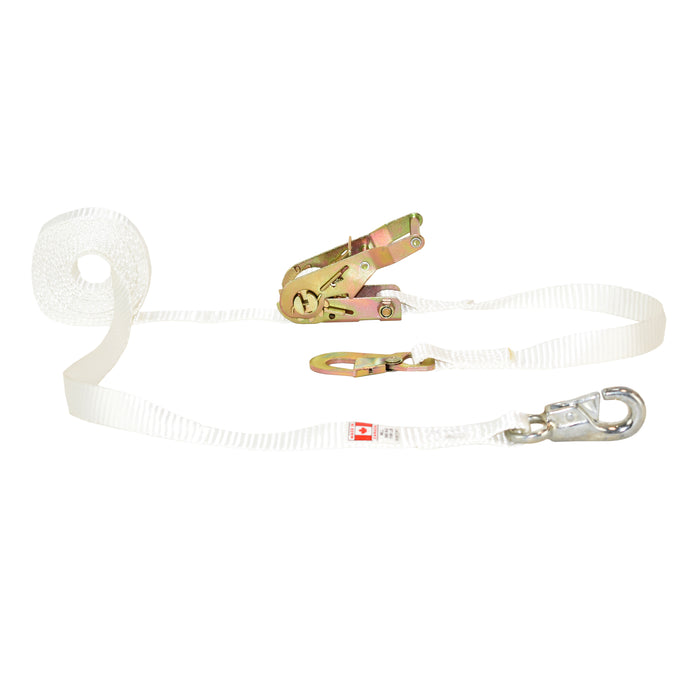 1" X 12' White Tent Wide Handle Ratchet Strap Strap w/ Forged Bull Nose Snap Hook & Flat Snap Hook | 3,300 Lbs. Breaking Strength
