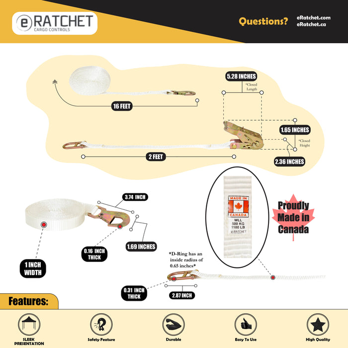 1" X 16' White Tent Wide Handle Ratchet Strap Strap w/ Flat Snap Hook & Double D-Ring | 3,300 Lbs. Breaking Strength