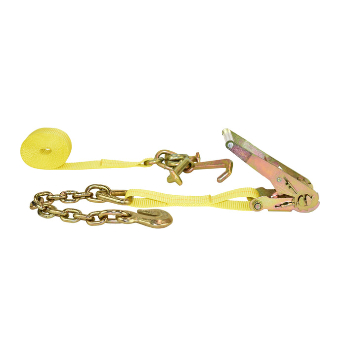 2" Yellow Heavy Duty Long & Wide Handle Ratchet Strap w/ Chain Anchor w/ Clevis Grab Hook & Cluster Hook RTJ | 10,000 Lbs. Breaking Strength
