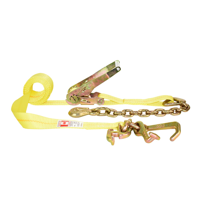 2" Yellow Heavy Duty Long & Wide Handle Ratchet Strap w/ Chain Anchor w/ Clevis Grab Hook & Cluster Hook RTJ | 10,000 Lbs. Breaking Strength
