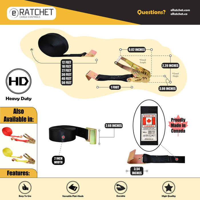 2" Heavy Duty Long & Wide Handle Ratchet Strap w/ Flat Hooks | 11,000 Lbs. Breaking Strength