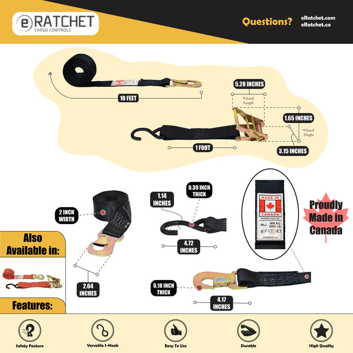 2" X 10' Short & Wide Handle Ratchet Strap w/ Heavy Duty Vinyl Coated S-Hook & Flat Snap Hook | 3,300 Lbs. Breaking Strength
