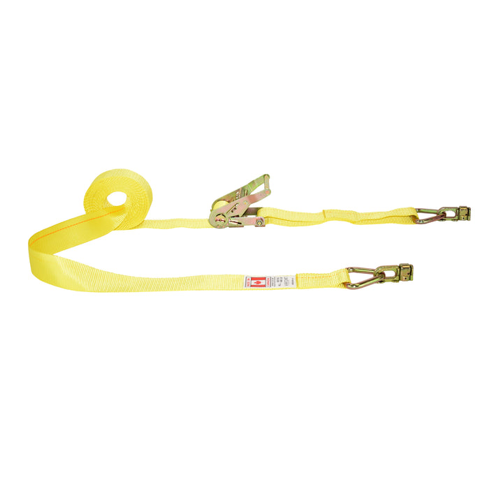 2" X 20' Yellow Short & Wide Handle Ratchet Strap w/ L-Track Double Stud w/ Delta Links | 4,400 Lbs. Breaking Strength
