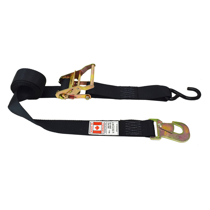 2" X 10' Short & Wide Handle Ratchet Strap w/ Heavy Duty Vinyl Coated S-Hook & Flat Snap Hook | 3,300 Lbs. Breaking Strength