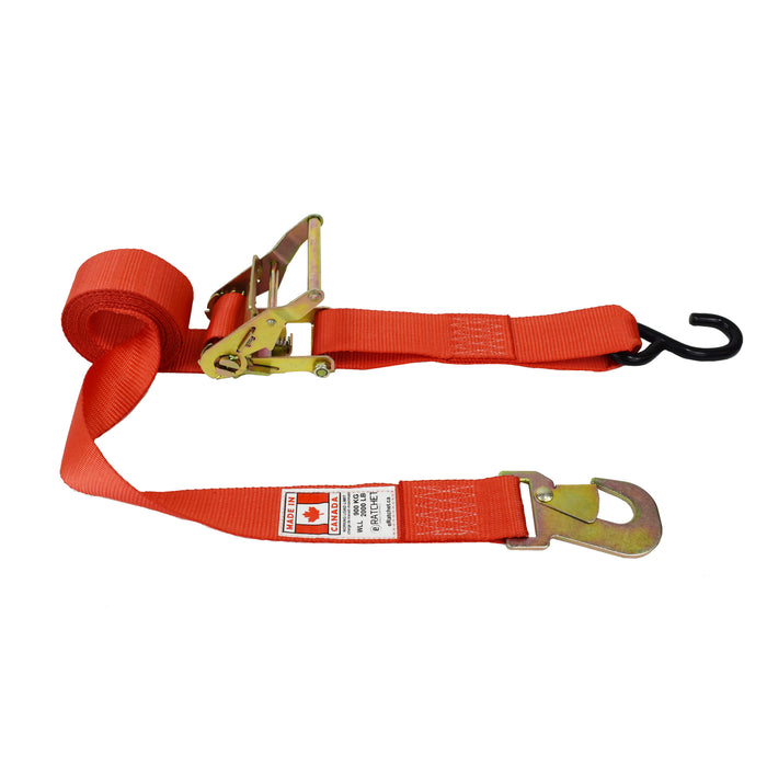 2" X 10' Short & Wide Handle Ratchet Strap w/ Heavy Duty Vinyl Coated S-Hook & Flat Snap Hook | 3,300 Lbs. Breaking Strength