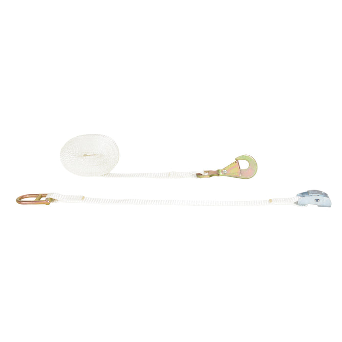 1" X 15' White Tent Cam Buckle Strap w/ Twisted Flat Snap Hook & Double D-Ring | 1,300 Lbs. Breaking Strength