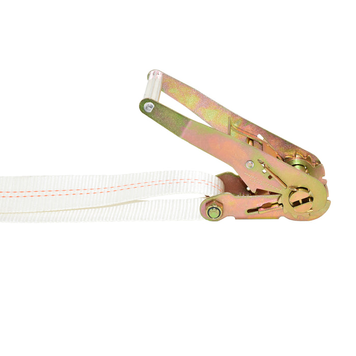 2" X 15' White Tent Long & Wide Handle Ratchet Strap w/ Heavy Duty Double J Wire Hooks  | 11,000 Lbs. Breaking Strength