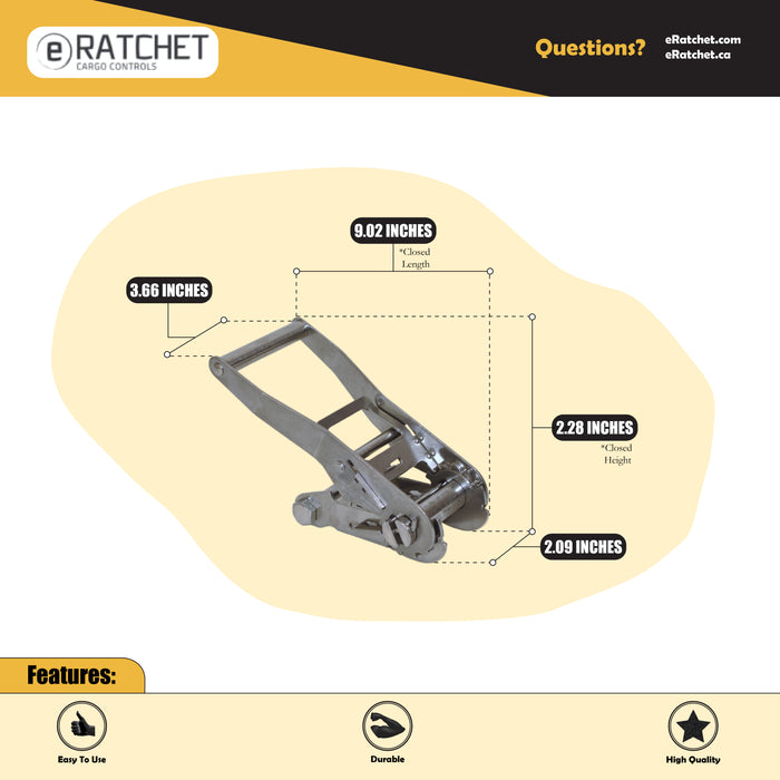Long & Wide Handle Stainless Steel Ratchet for 2" webbing | 8,800 Lbs. Breaking Strength